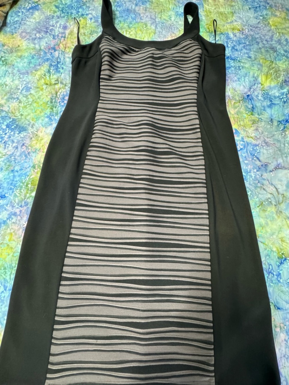 R&M Richards Black Midi Dress with Gray Striped Front Panel